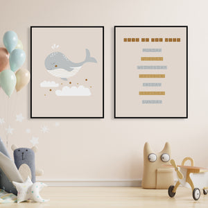 Set of 2 Prints - A Whale & Week Days Double Wall Art for Kids