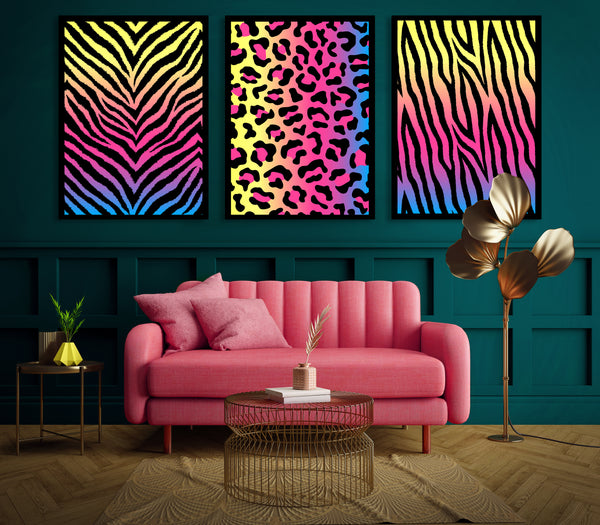 Neon Colors, Animal Print Triptych, Set of 3 Prints