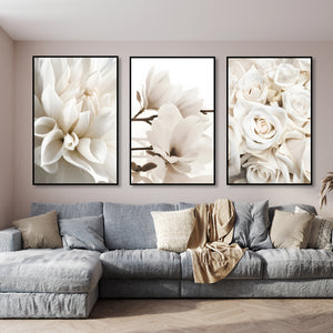  Set of 3 Prints - White Large Flowers Triptych