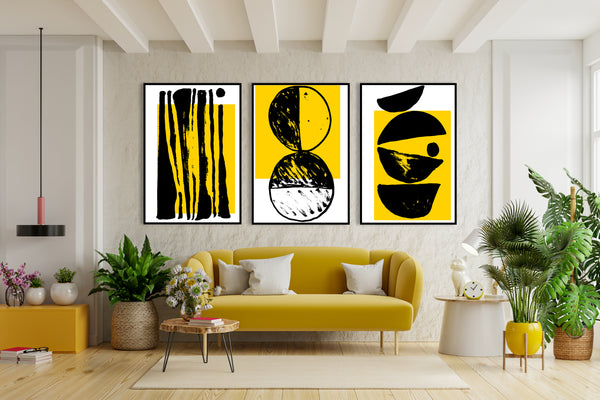 Triptic cu geometrie abstractă negru și galben, set de 3 imprimeuri