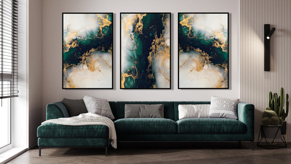 Triptic cu marmură abstractă verde și auriu, set de 3 imprimeuri