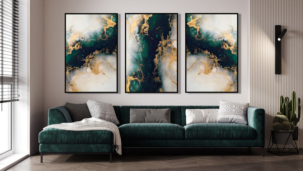 Green & Gold Abstract Marble Triptych, Set of 3 Prints