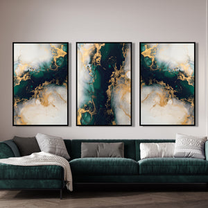  Set of 3 Prints - Green & Gold Abstract Marble Triptych