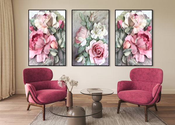 Triptic cu textura florilor de bujor roz, set de 3 imprimeuri