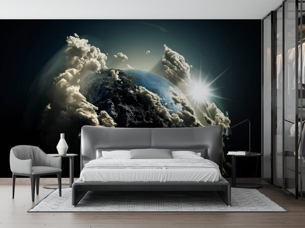 Space Wall Murals, Cosmic Space Wallpaper, Non Woven, Earth in Clouds Wallpaper, Sun and Earth Planet Wall Mural
