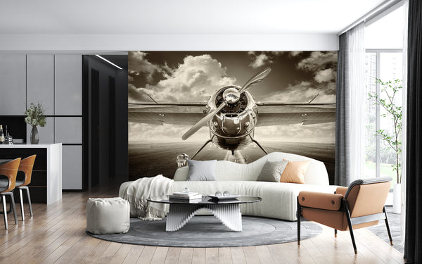 Transport Wallpaper, Non Woven, Vintage Airplane Wall Mural, Black & White Wallpaper