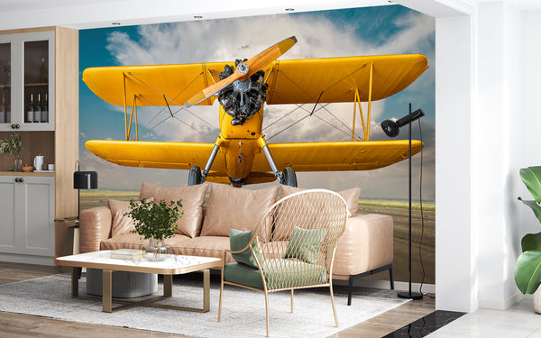 Transport Wallpaper, Non Woven, Vintage Yellow Airplane Wall Mural