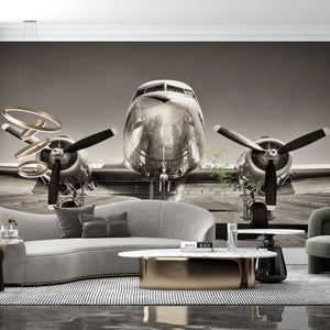 Transportation Wallpaper | Black & White Vintage Airplane with Propeller Wall Mural