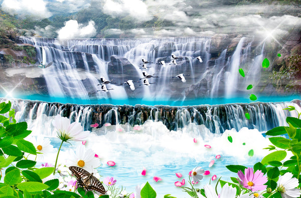 Waterfall Wallpaper, Non Woven, Wild Birds Wall Mural, Flowers Wallpaper