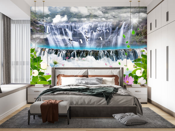 Waterfall Wallpaper, Non Woven, Wild Birds Wall Mural, Flowers Wallpaper