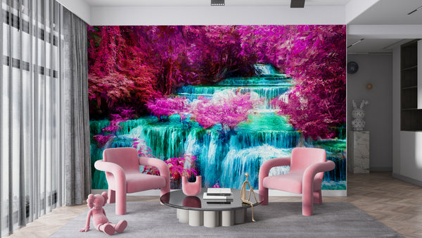 Waterfall Wallpaper, Non Woven, Pink Forest Leaves Wall Mural, Fantasy Forest & Cascade Wallpaper