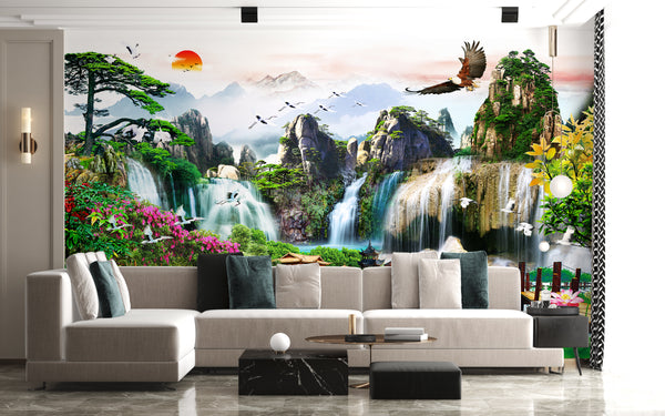 Waterfall Murals for Living Room | Mountain Landscape Wall Mural