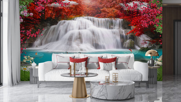 Murals of Waterfalls | Fire Red Forest Wall Mural