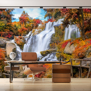 Waterfall Murals for Living Room | Gold Autumn Forest Wall Mural