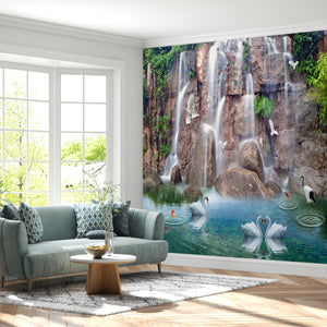 Waterfall Murals for Living Room | Swan Birds Wall Mural