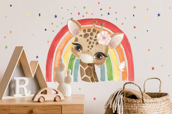 Giraffe Wall Stickers, Rainbow Decal , Watercolor Rainbow and Giraffe Wall Decal for Kids, Nursery Wall Sticker, Cute Animals Wall Decor