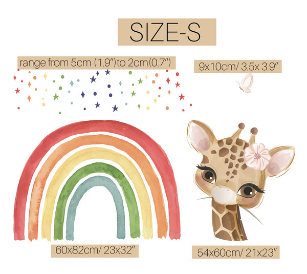 Giraffe Wall Stickers, Rainbow Decal , Watercolor Rainbow and Giraffe Wall Decal for Kids, Nursery Wall Sticker, Cute Animals Wall Decor