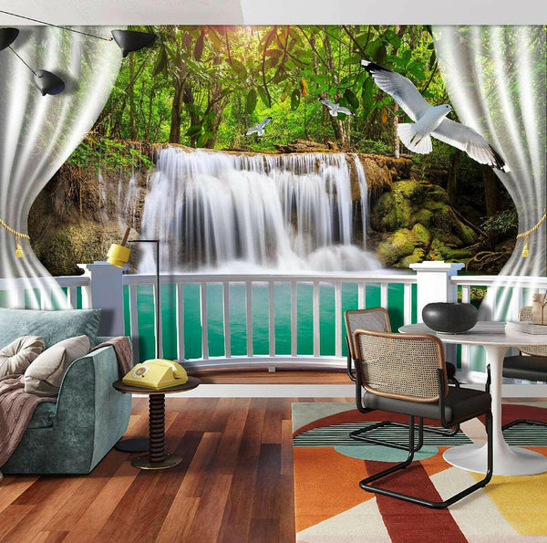 Wall mural, Lovely waterfall in a green forest with birds - Ell-Deco