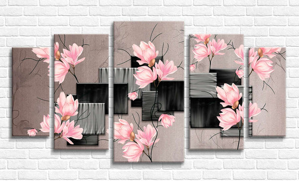 Modular picture, Pink magnolia flowers and cubes on an abstract background