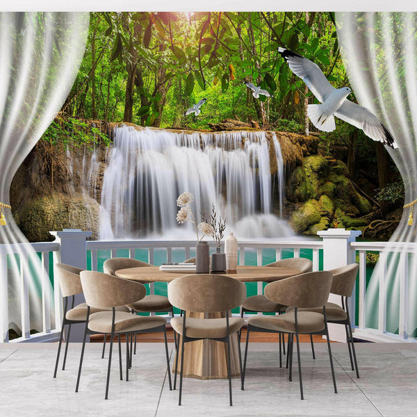 Wall mural, Lovely waterfall in a green forest with birds - Ell-Deco