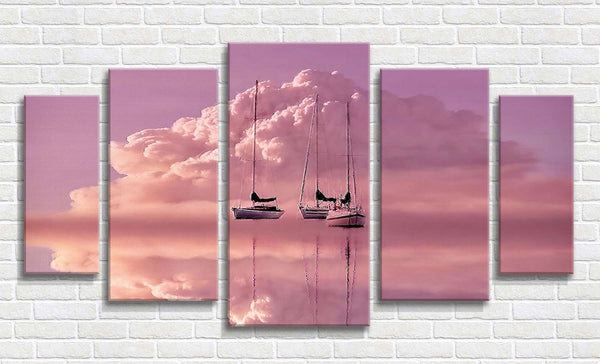 Modular painting, Purple sunset and boats in the sea