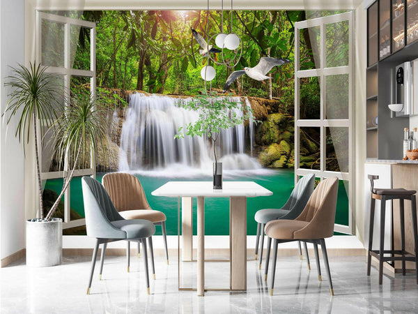 Wall mural, Beautiful waterfall in the green forest - Ell-Deco