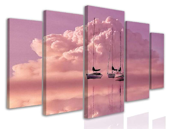 Split Canvas Wall Art  - Purple sunset and boats in the sea