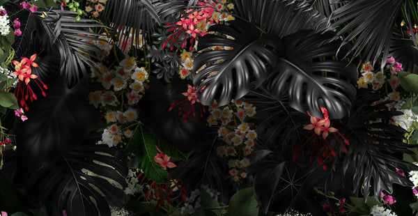 Modular picture, Monstera exotic leaves and red flowers