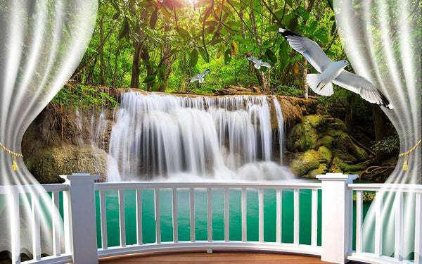 Wall mural, Lovely waterfall in a green forest with birds - Ell-Deco