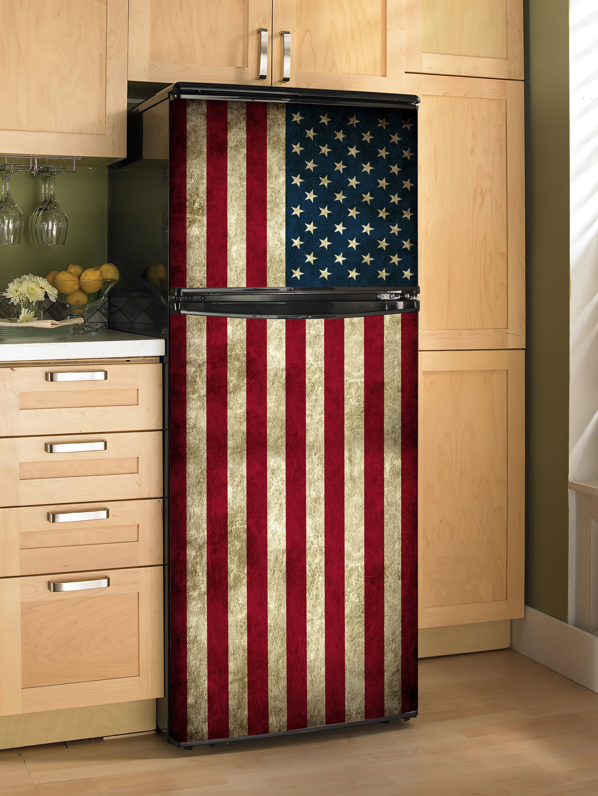 Refrigerator Wrap Vinyl | Retro US Flag Decal | Door Sticker |Ell