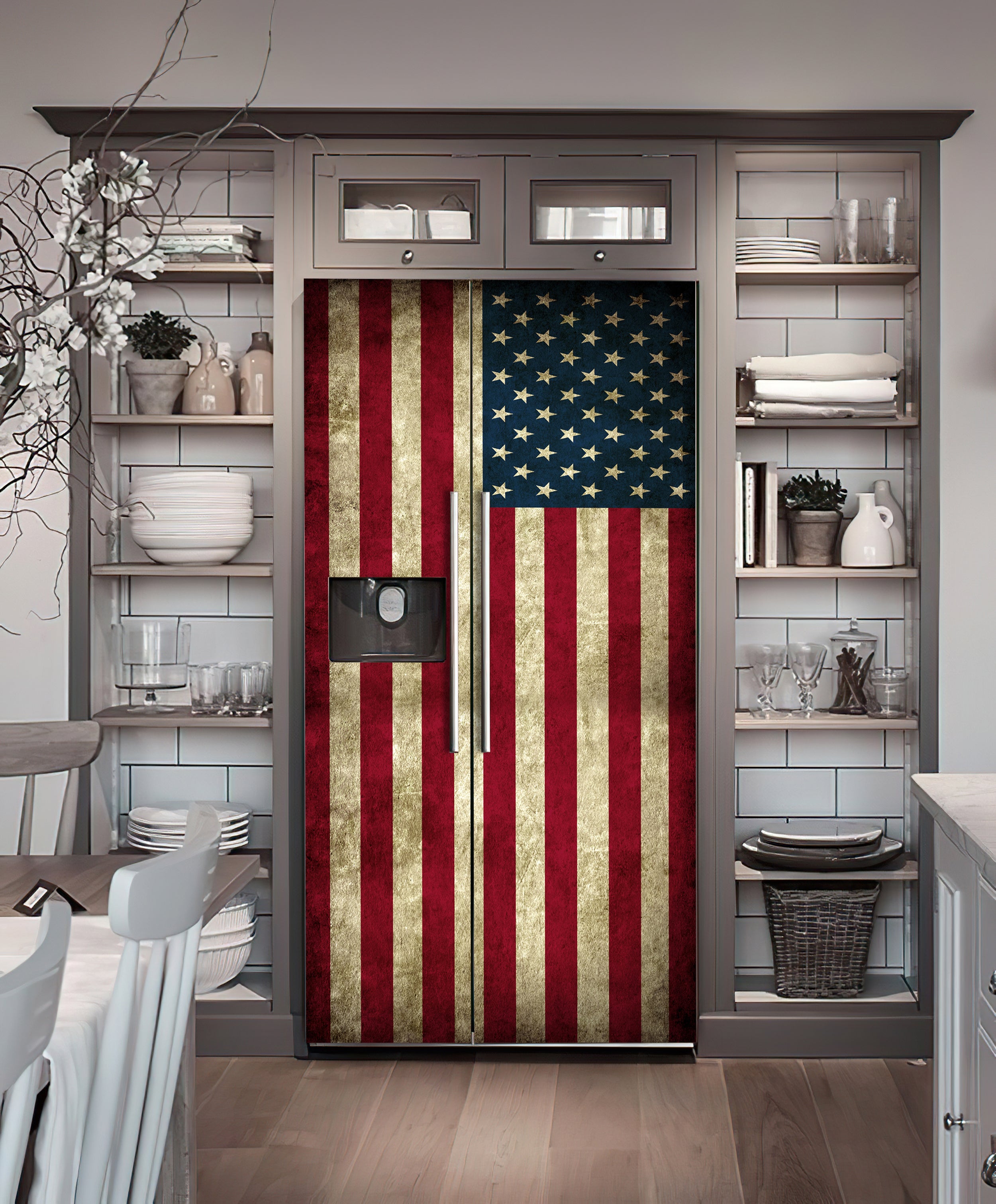 Refrigerator Wrap Vinyl, Vintage American Flag Fridge Decal Retro US Flag  Door Mural
