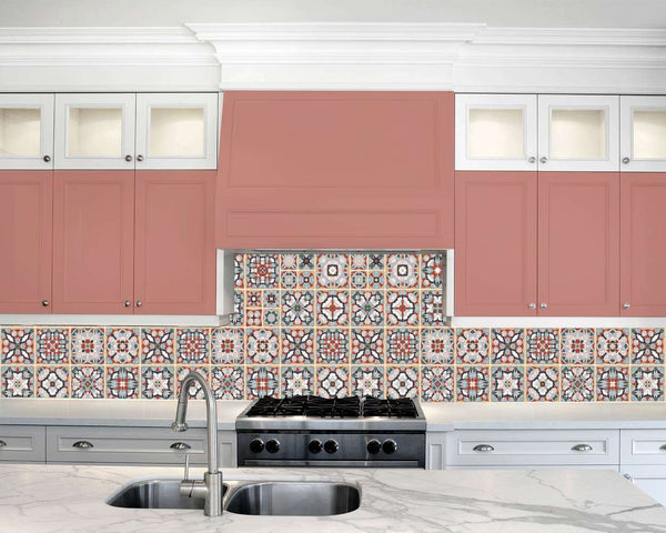Ceramic tiles in retro colors with patterns in ethnic style