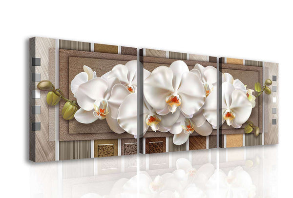 Multi Canvas Artwork  -  White orchid on a brown striped background