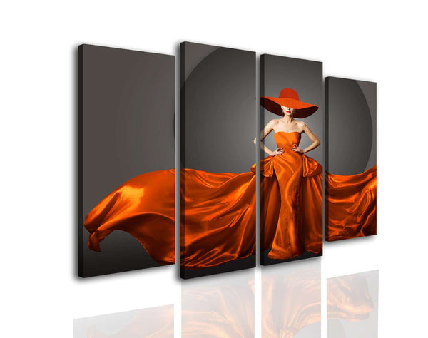 Split Canvas Wall Art  -  Lady in a silk red dress and hat
