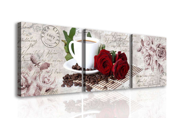 Multi Picture Canvas  -  Red roses with a white cup of coffee