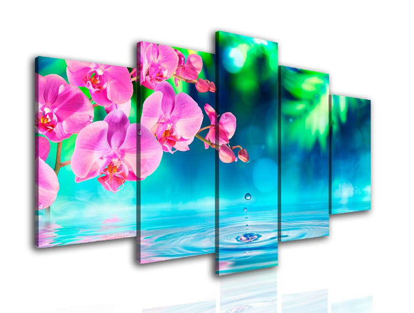 Split Canvas Wall Art  - Pink orchid in water reflection