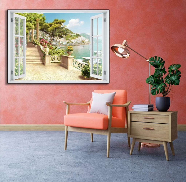 Wall sticker, 3D city view window by the sea with flowers