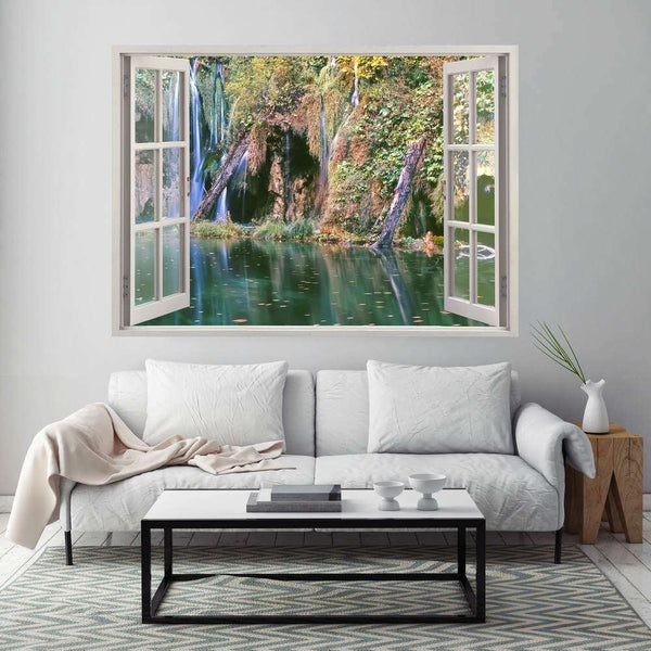 Wall sticker, 3D window with a view of the cascade in the forest