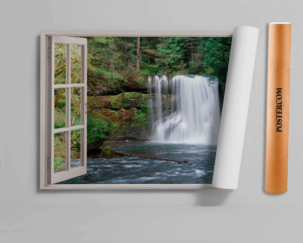 Wall sticker, 3D window with a view of the cascade in the forest