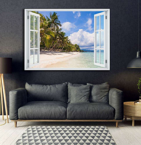 Wall sticker, 3D window with sea view at sunset