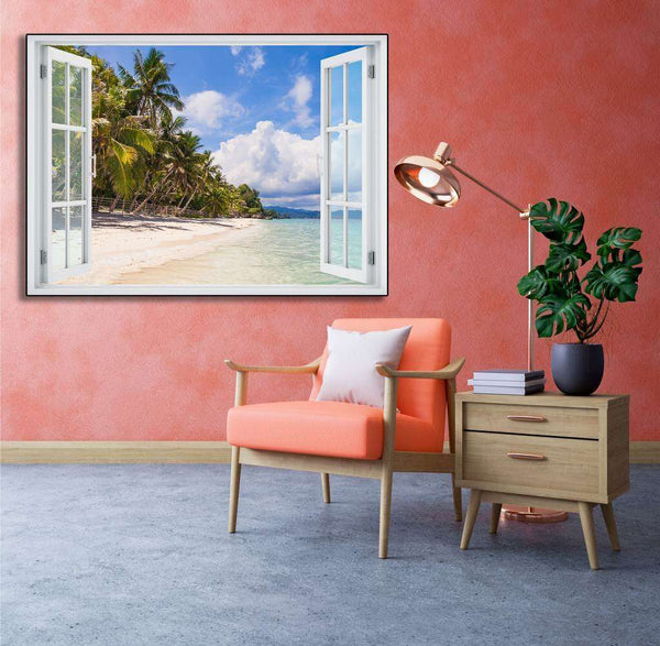 Wall sticker, 3D window with sea view at sunset