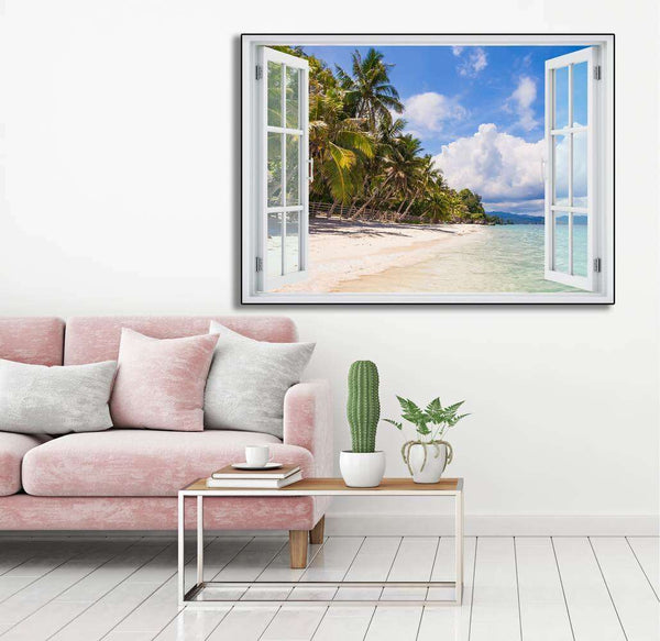 Wall sticker, 3D window with sea view at sunset