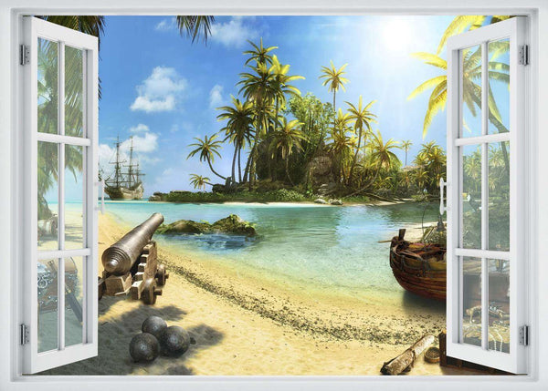 Wall sticker, 3D window with a view of the island of pirates