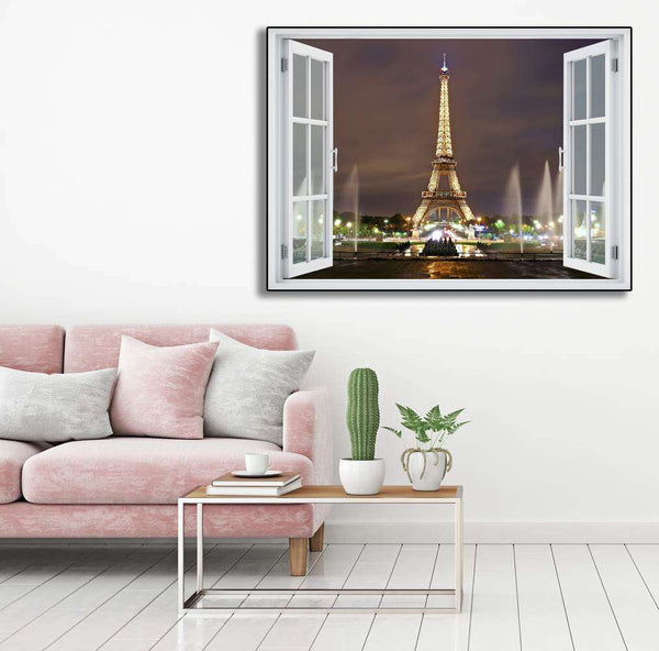 Wall sticker, 3D window with Paris night view