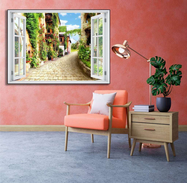 Wall sticker, 3D window overlooking the courtyard with flowers