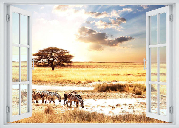 Wall sticker, 3D window with a view of the sunrise in the steppe