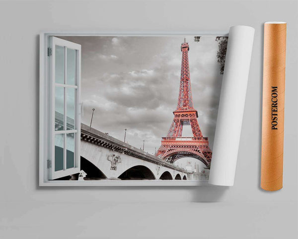 Wall sticker, Window overlooking the Eiffel Tower black and white