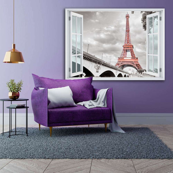 Wall sticker, Window overlooking the Eiffel Tower black and white