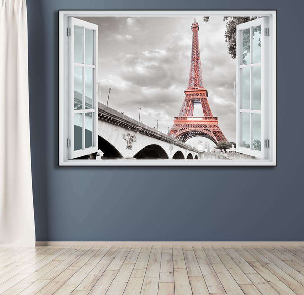 Wall sticker, Window overlooking the Eiffel Tower black and white