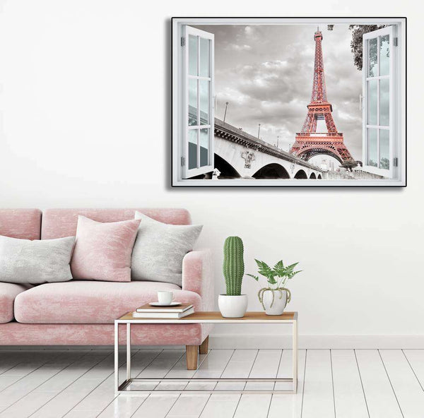 Wall sticker, Window overlooking the Eiffel Tower black and white